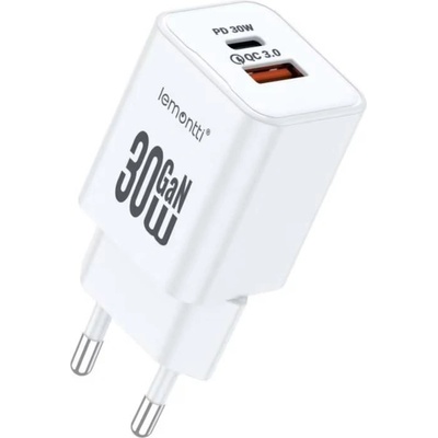 Lemontti GaN Dual Port мрежово зарядно устройство 30W (USB-C PD + USB-A), бяло (LEMIRDPGT30WA)