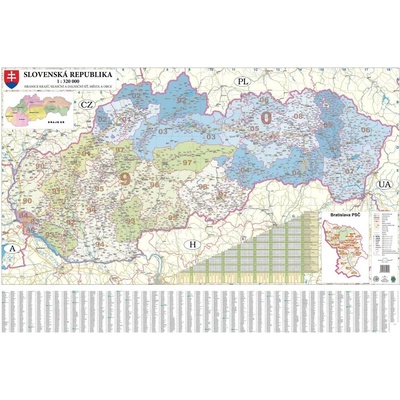 Excart Maps Slovensko - nástěnná mapa PSČ 135 x 90 cm Varianta: bez rámu v tubusu, Provedení: papírová mapa