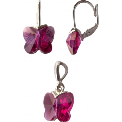 A-B Set of silver jewelry with pink Swarovski crystals in a shape of a butterfly 20000004