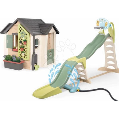 Smoby Set domček pre záhradníka so super Megagliss šmykľavkou 2v1 Garden House Life rozšíriteľný s basketbalom s vodnou hrou