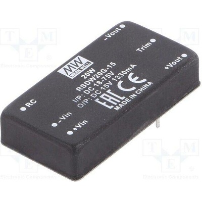 MEAN WELL RSDW20G-15 Měnič: DC/DC; 20W; Uvst: 18÷75VDC; Uvýst: 15VDC; Ivýst: 1330mA; DIP