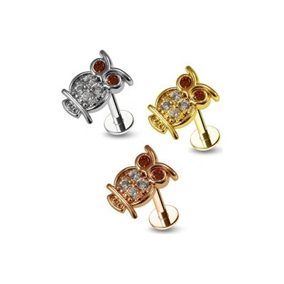 Piercingate labreta sova s kamínky PLA00282 Růžové zlato