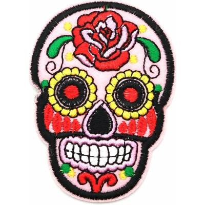 Nažehľovacia záplata – Mexická lebka – Día de Muertos – svetloružová
