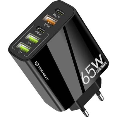 Techsuit - Премиум зарядно за стена PentaXPower (CHC2) - 3x USB QC 3.0, 2x Type-C PD 20W, 65W, GaN, бързо зареждане - черно