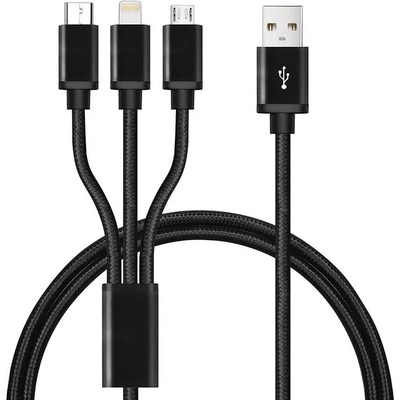 Mobilly 3в1 USB-C, Lightning, MicroUSB кабел за зареждане с оплетка за зареждане на до 3 телефона едновременно