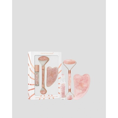Crystallove Rose Quartz Beauty Set Sada na obličej: masážní roller + kámen Gua Sha + lahvička na olej