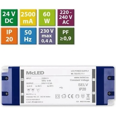 zdroj napájecí pro LED pásky 24V DC 60W (2,5A) IP20 ML-732.072.11.1 plast. se svorkovnicí