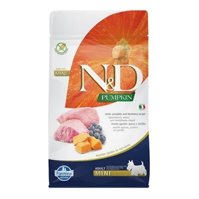 Farmina N&D Pumpkin Mini Adult Lamb & Blueberry - Пълноценна храна за кучета от дребни породи в зряла възраст с агнешко, тиква и боровинки. без зърно, 800 гр