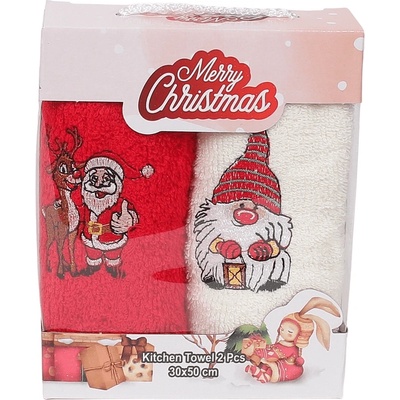 Хавлиени кърпи в червено и екрю с коледни бродерии