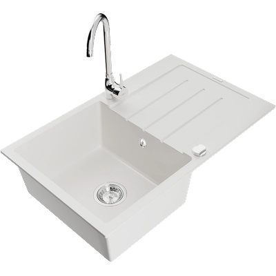 Mexen Bruno гранитна мивка с едно корито с отцедник и кухненски смесител Telma, бял - 6513-20-670200-00 (6513-20-670200-00)