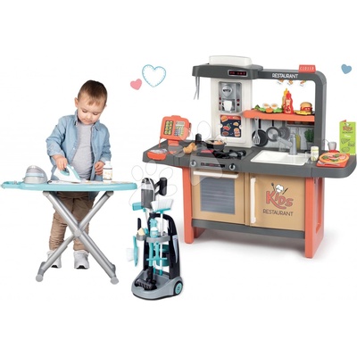 Smoby Set reštaurácia s elektronickou kuchynkou Kids Restaurant a žehliaca doska so žehličkou a upratovací vozík s vysávačom so zvukom