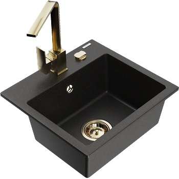 Mexen Milo гранитна мивка с 1 отделение с кухненски смесител Rita, черен/златист металик - 6505-75-670300-50 (6505-75-670300-50)