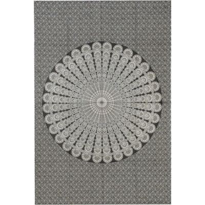 Sanu Babu Přehoz na postel s potiskem mandala paví pera, béžový a černý tisk, 140x202cm