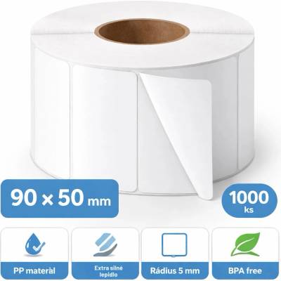 Plastová Etiketa 90 mm x 50 mm špeciál, Rádius 5 mm, Polypropylén TOP, Biela, Dutinka 76 mm, 1000 ks/kotúč, Extra silné lepidlo