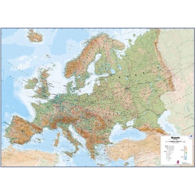 Evropa fyzická - nástěnná mapa 136 x 100 cm ve stříbrném hliníkovém rámu