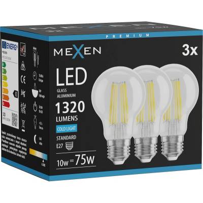 Mexen Vintis 3x светодиодна филаментна крушка E27, A60, 10W, Студена - 6500K, 1320 lm, (L150-E27-1065-00x03)
