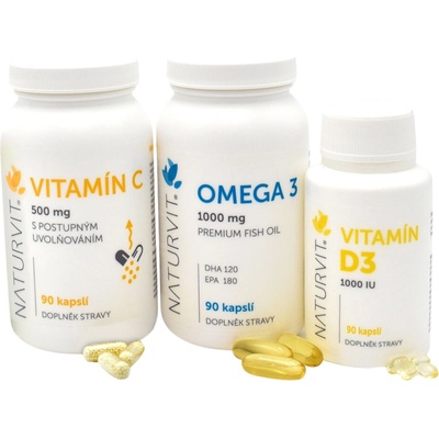 NaturVit Dárkové balení vitamínů na imunitu C 90 ks + Omega 90 ks + D3 30 ks + Colostrum 90 ks – Zboží Mobilmania