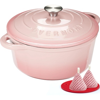 Overmont roasting pan enamel cast iron pot - casserole 28cm oven-safe - with lid and cookbook - for kitchen baking stewing roasting pink - Enamelled