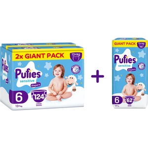 pufies Промо пакет пелени Pufies Sensitive - Размер 6, 124 броя 13+ kg, Giant Pack + 62 броя - ozone