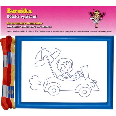 Beruška Dětské vyšívání v rámečku kluk v autě Modrá