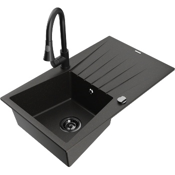 Mexen Cesar гранитна мивка с 1 отделение с отцедник и кухненски смесител Elia, черен/златен металик - 6514-75-670101-70-B (6514-75-670101-70-B)