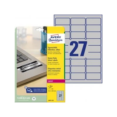 Etikety polyesterové veľmi odolné 63,5x29,6mm Avery A4 strieborné 20 hárkov