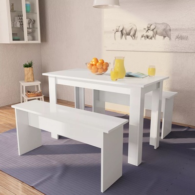 vidaXL Jedálenský stôl a lavičky z drevotriesky 3 kusy biele