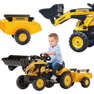 Falk Traktor šlapací Komatsu žlutý s přední lžící a valníkem