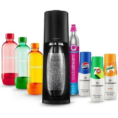 SodaStream Terra Black Black + 3 láhve TriPack Orange Red Green 1l + Sirup Pepsi, Mirinda, 7UP 440 ml