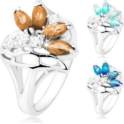 Šperky eshop Blýskavý prsten s rozdělenými rameny čiré a barevné zirkony stuha R40.31 Hnědá