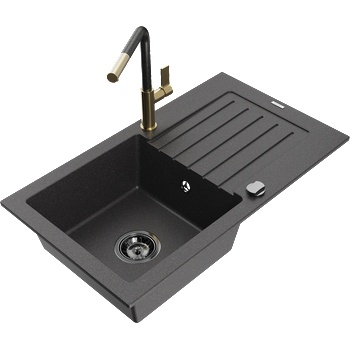 Mexen Pablo гранитна мивка, 1-коморна с отцедник и кухненски смесител Flora, черна напукана - 6510-76-670401-75-B (6510-76-670401-75-B)