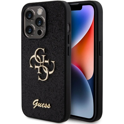 GUESS PU Fixed Glitter 4G Metal Logo Case - силиконов (TPU) калъф за iPhone 15 Pro (черен)