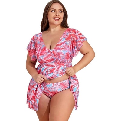 Дамски макси танкини в синьо с коралови листа