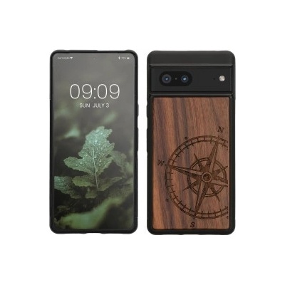 Pouzdro kwmobile Dřevěné s designem kompas Google Pixel 7 tmavě hnědé