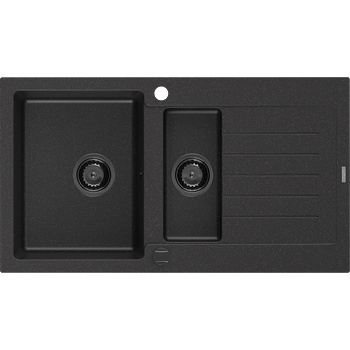 Mexen Matias гранитна мивка 1, 5-комп. с отцедник 900 x 505 mm черен/сребърен металик, черен сифон - 6502901505-73-B (6502901505-73-B)