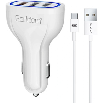 Earldom Зарядно устройство за кола Earldom ES-CC13, 3xUSB, QC3.0, С Type-C кабел, Бял - 40254 (40254)