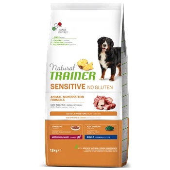 Natural Trainer Dog Sensitive No Gluten Medium & Maxi Puppy & Junior with Duck - храна за подраставщи кучета, БЕЗ ГЛУТЕН, под 1 година, от средни и едри породи, с чувствителни стомаси, с патица - 12 кг, Италия - 925256