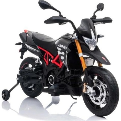 Beneo elektrická motorka Aprilia Dorsoduro 900 Licencované 12V batéria Eva mäkké kolesá 2 x 18W motor odpruženie kovový rám kovová vidlica pomocné kolieska čierna