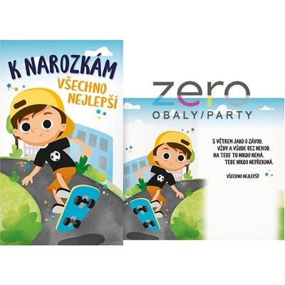 Přání s textem narozeninové dětské + obálka - skateboard