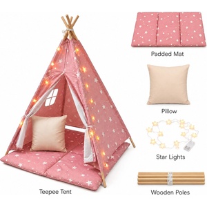 Ginger Home Детска Памучна Палатка GINGER HOME Little Stars, Типи, Розова със Звезди, 100% Памук, с Мека Подложка с Пълнеж, Възглавница и LED Лампички, 120x120x160 см (JW-KT001-P)