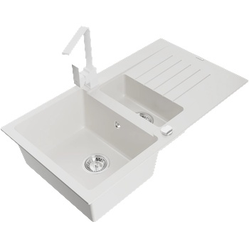 Mexen Matias гранитна мивка с 1, 5 отделения с отцедник и кухненски кран Rita, бял - 6502-20-670300-20 (6502-20-670300-20)