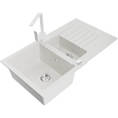 Mexen Matias гранитна мивка с 1, 5 отделения с отцедник и кухненски кран Rita, бял - 6502-20-670300-20 (6502-20-670300-20)