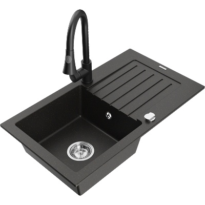 Mexen Pablo гранитна мивка с 1 отделение, с отцедник и кухненски смесител Elia, черно/златен металик - 6510-75-670101-70 (6510-75-670101-70)