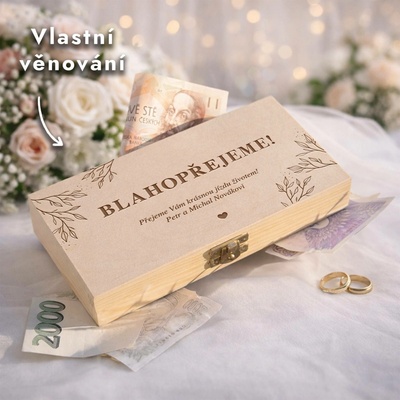 Dřevia Krabička na peníze – BLAHOPŘEJEME!, s věnováním