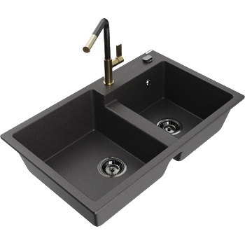 Mexen Tomas гранитна мивка 2-камерна с кухненски смесител Flora, черен на петна - 6516-76-670401-75-B (6516-76-670401-75-B)
