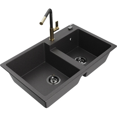 Mexen Tomas гранитна мивка 2-камерна с кухненски смесител Flora, черен на петна - 6516-76-670401-75-B (6516-76-670401-75-B)