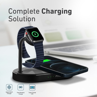 Promate Безжично зарядно ProMate Wavepower, MFi Certified Multi-Device Wireless Charging Dock 15W Qi Wireless Charging 5W Apple Watch Charger 24W SuperCharge Port 3-in-1 Design FOD (6959144055008)