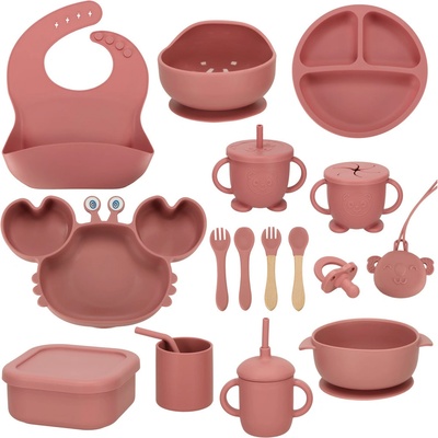 KIK Silikónový riad pre deti krab sada tmavo ružová 19 ks
