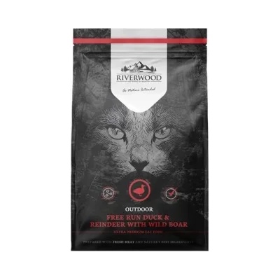 Riverwood Cat Outdoor - Пълноценна беззърнеста и хипоалергенна суха храна за подрастващи котки живеещи както в домашни условия така и отвън, с патешко, еленско и глиганско месо, 2 кг