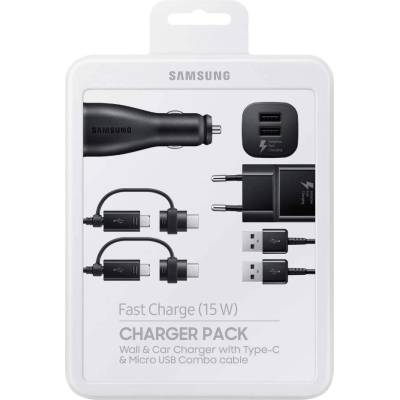 Samsung Charger Pack EP-U3100 - комплект зарядно за кола, захранване и кабел с microUSB и USB-C конектори (черен)
